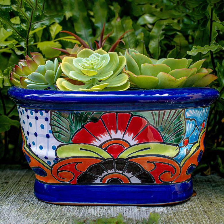 Plow & Hearth White and Navy Talavera Ledge Planter P22BD972 Yard & Garden